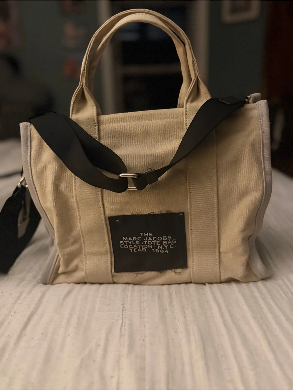Marc Jacobs The Tote Bag Canvas Tote in Beige with Black Strap